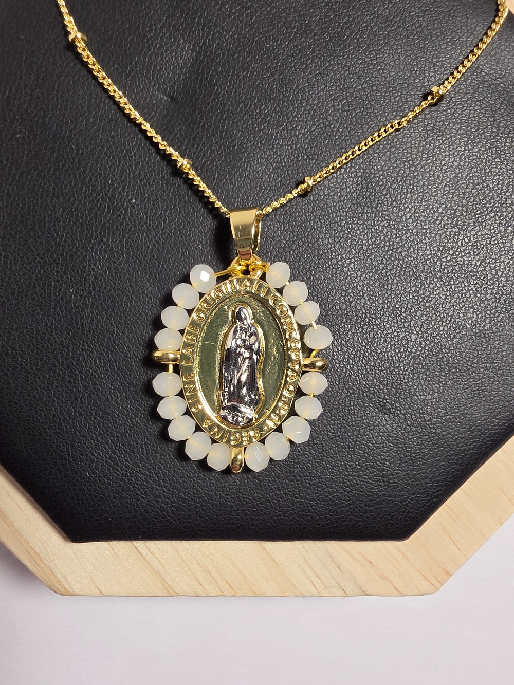 Gold-Tone Virgin Mary Pendant Necklace with White Bead Halo. New.